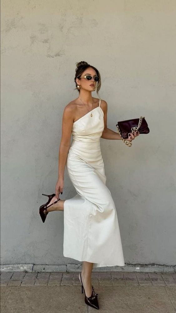 White One-Shoulder Midi Dress with Heels